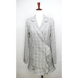 Forever 21 Plaid Double Breasted Blazer Dress Grey White Ruffle Hem Mini S